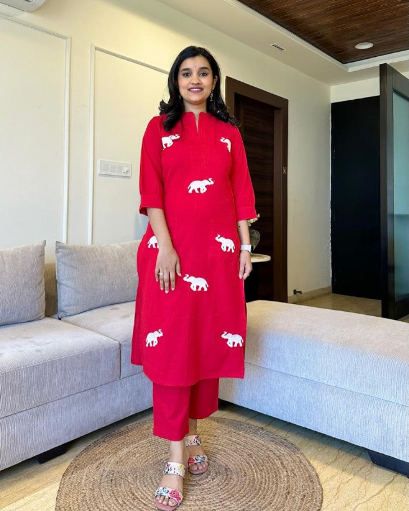 Red Elephant Embroidered Cotton Kurta Set