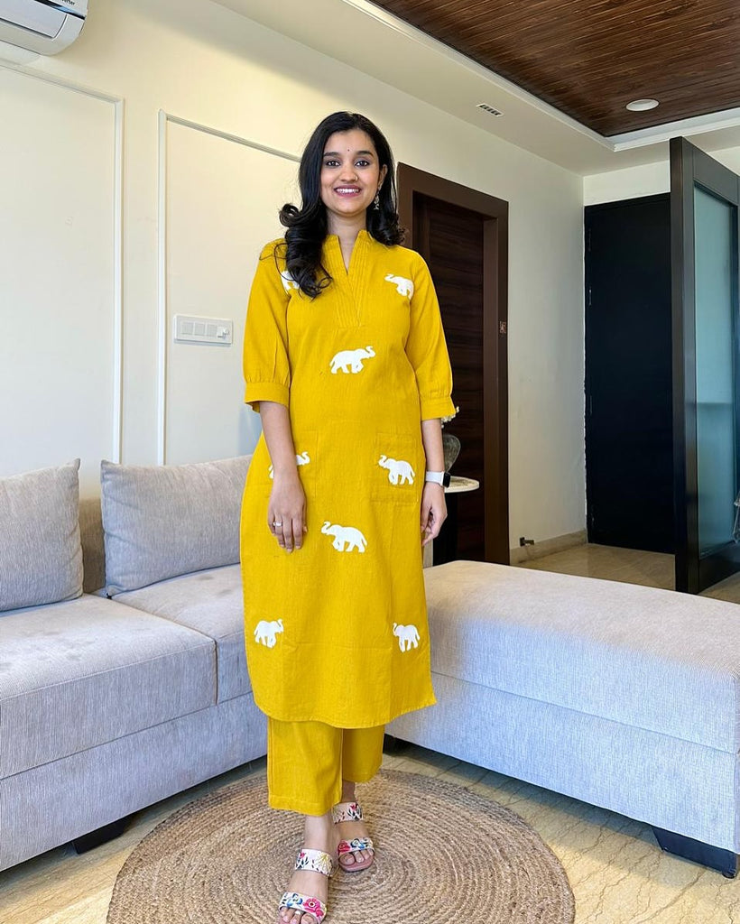 Yellow Elephant Embroidered Cotton Kurta Set