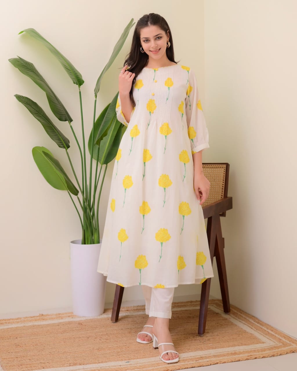 White & Yellow Dahlia Printed Slub Cotton Kurta Set Main image