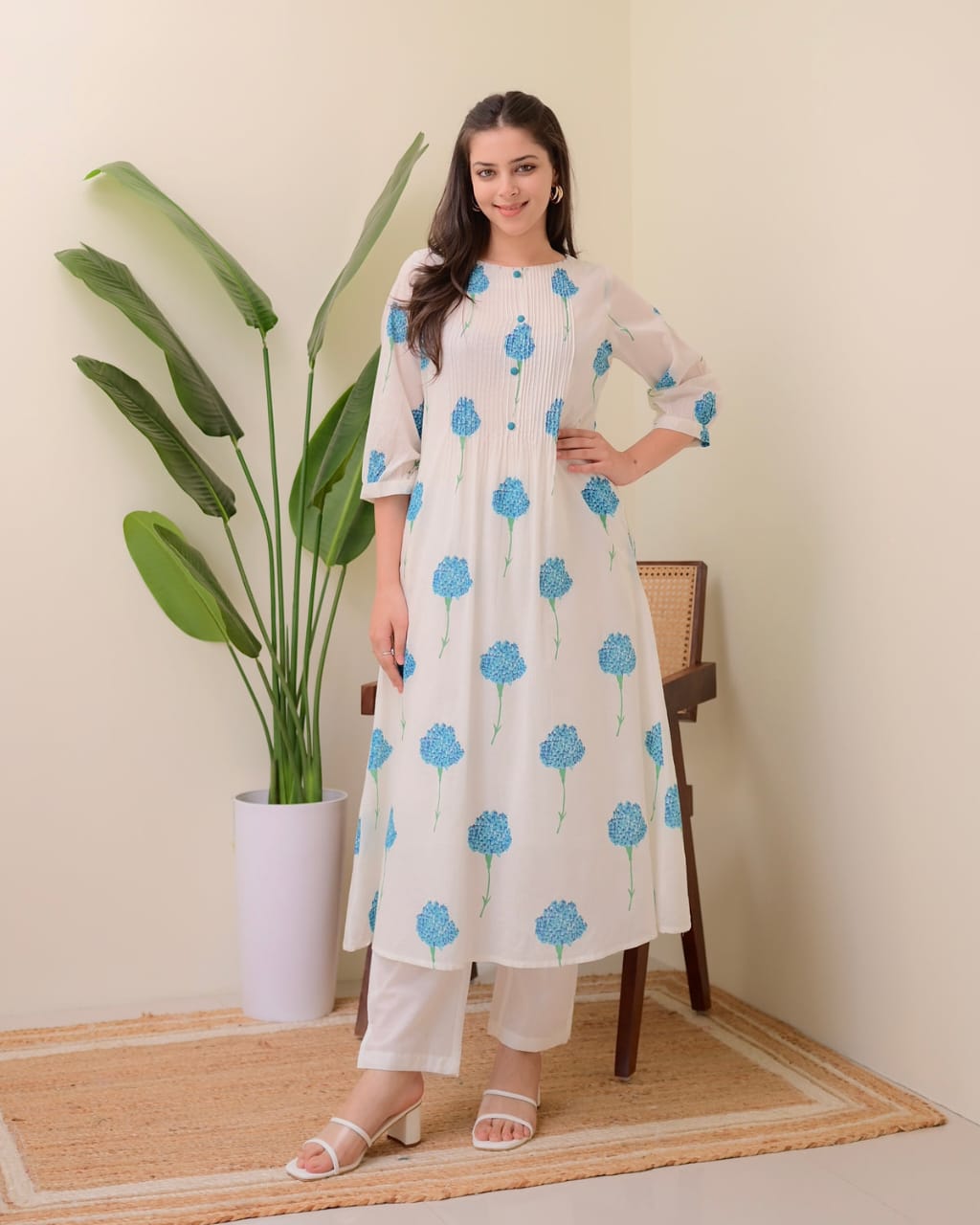 White & Blue Dahlia Printed Slub Cotton Kurta Set