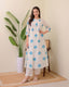 White & Blue Dahlia Printed Slub Cotton Kurta Set