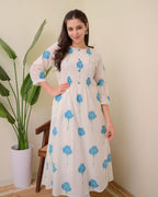 White & Blue Dahlia Printed Slub Cotton Kurta Set