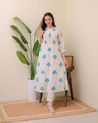 White & Blue Dahlia Printed Slub Cotton Kurta Set
