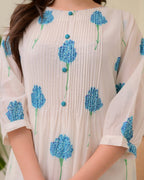 White & Blue Dahlia Printed Slub Cotton Kurta Set