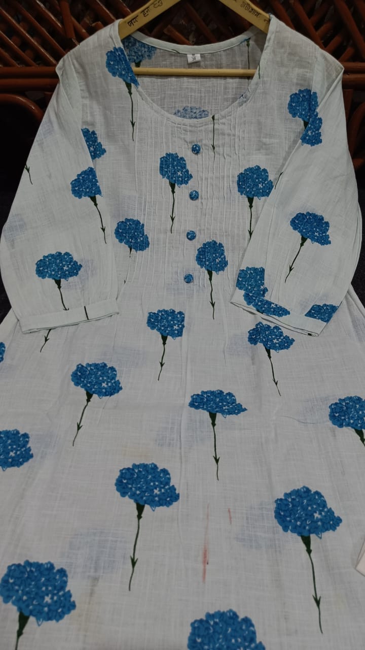 White & Blue Dahlia Printed Slub Cotton Kurta Set