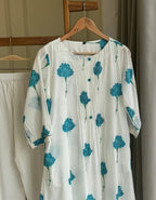 White & Blue Dahlia Printed Slub Cotton Kurta Set