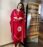 Red Floral Sequin Work Cotton Suit Set
