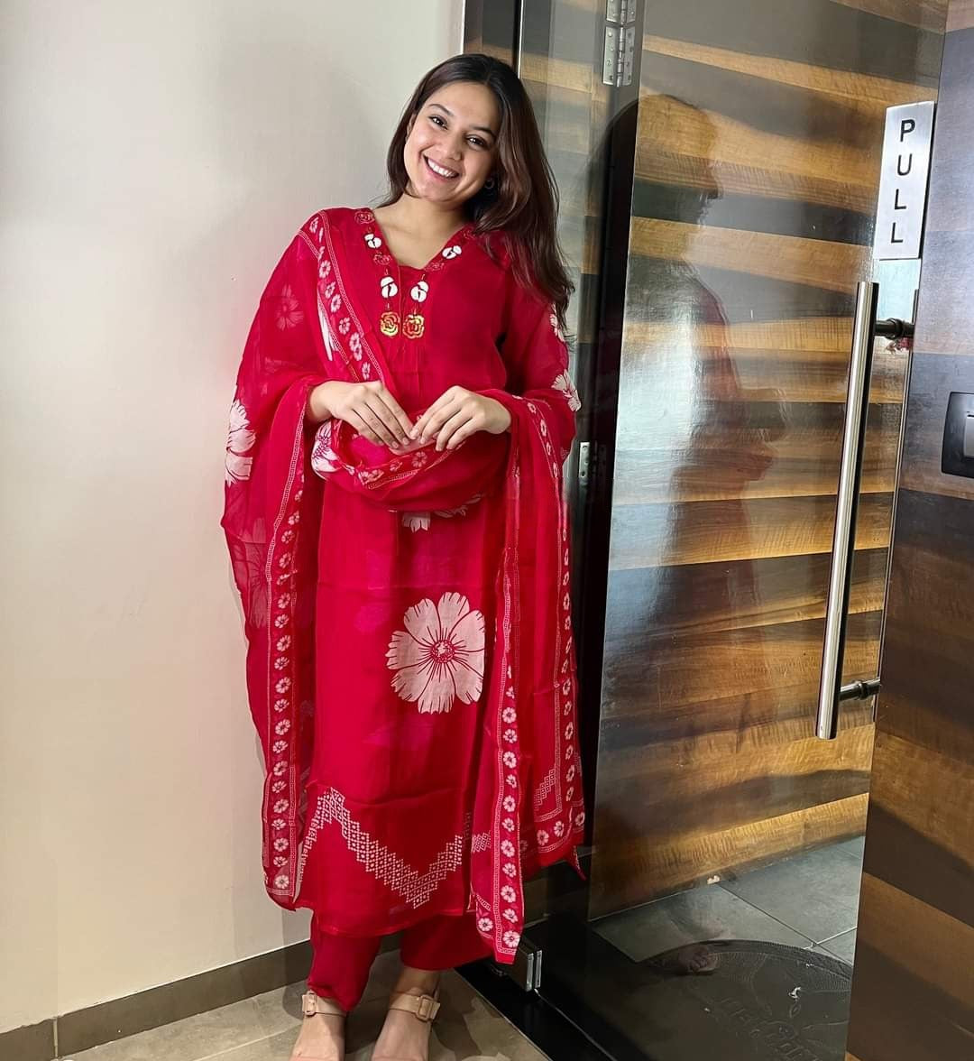 Red Floral Sequin Work Cotton Suit Set