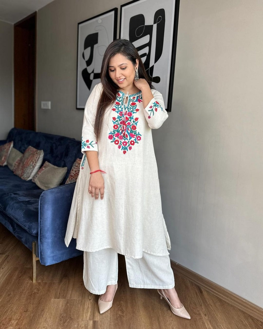 Off White Floral Embroidered Khadi Cotton Kurta Set