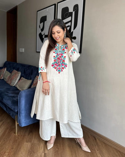 Off White Floral Embroidered Khadi Cotton Kurta Set