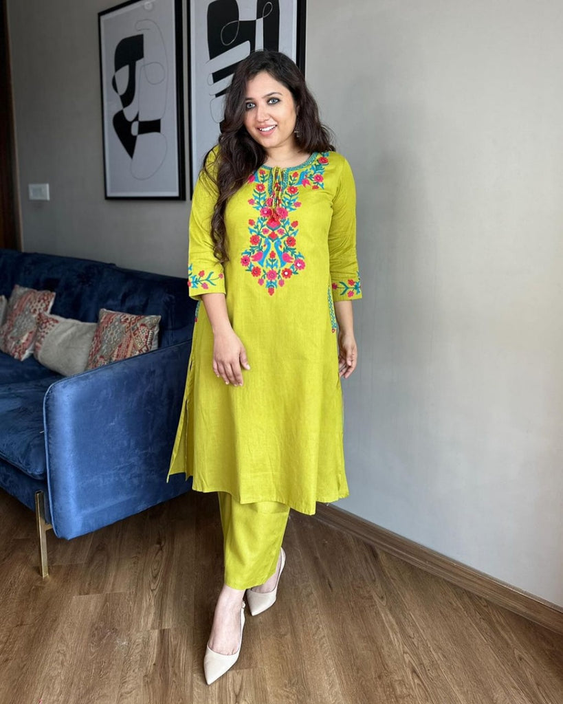 Lime Yellow Floral Embroidered Khadi Cotton Kurta Set