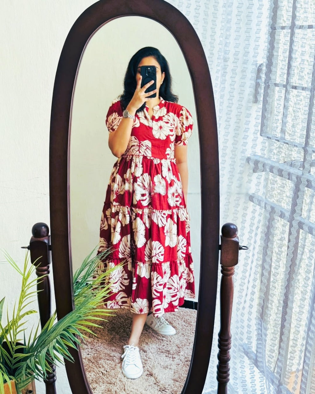 Red Hibiscus Floral Printed Cotton Dress Main image