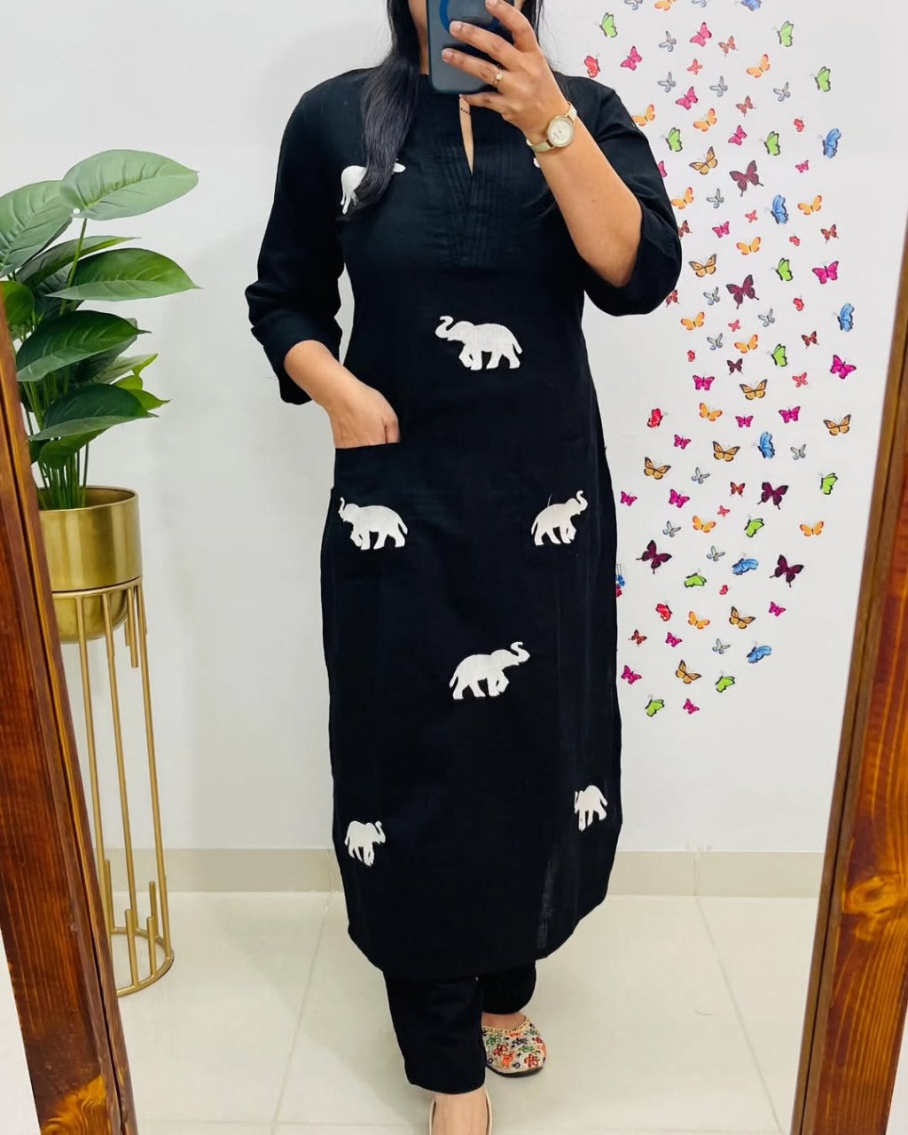 Black Elephant Embroidered Cotton Kurta Set Main image