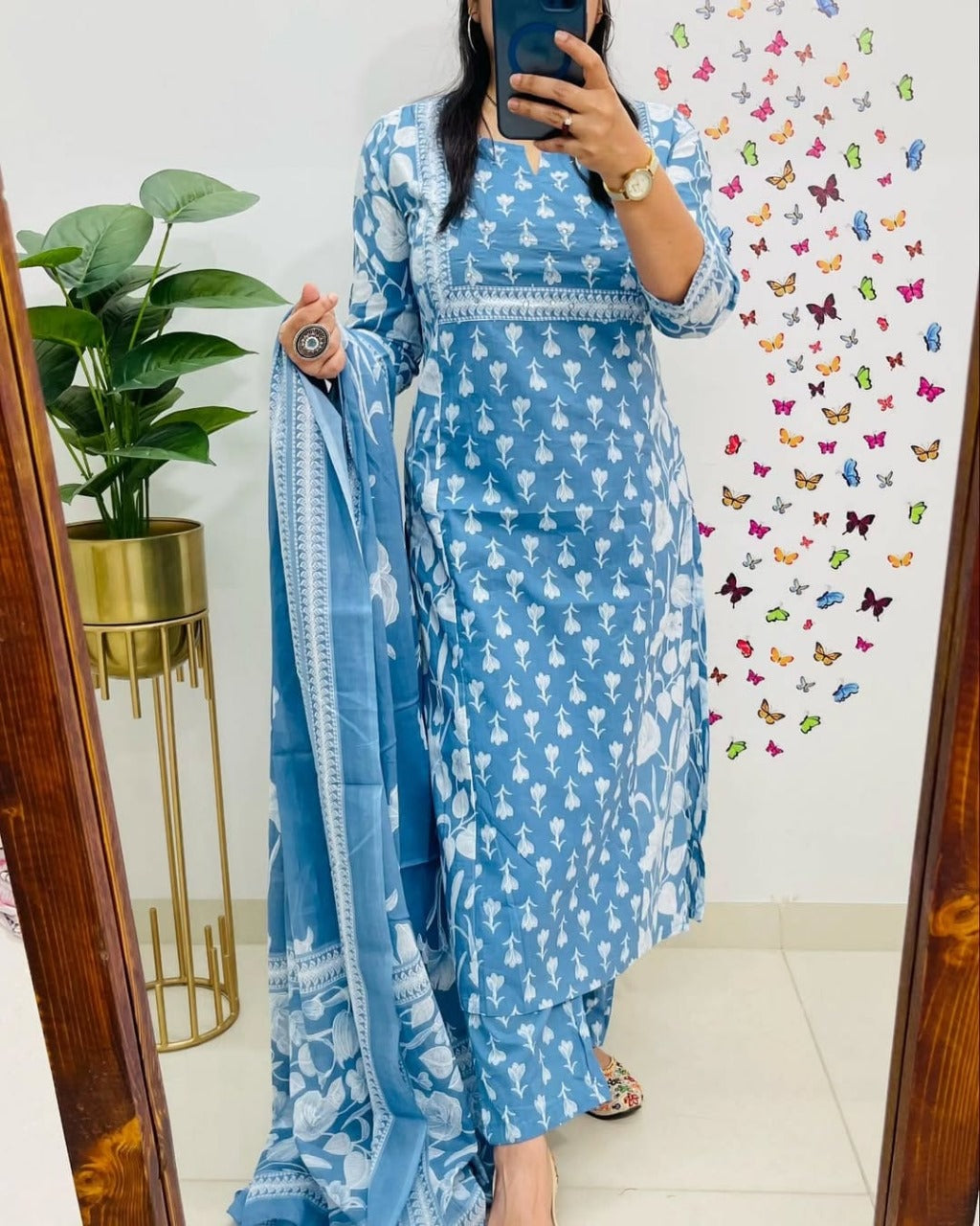 Powder Blue Floral Printed Cotton Suit Set