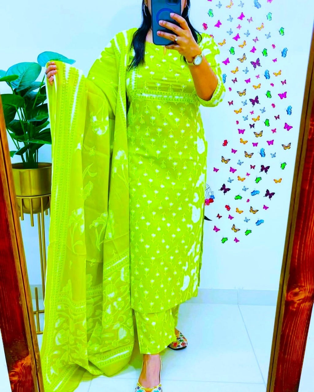 Lime Floral Printed Cotton Suit Set