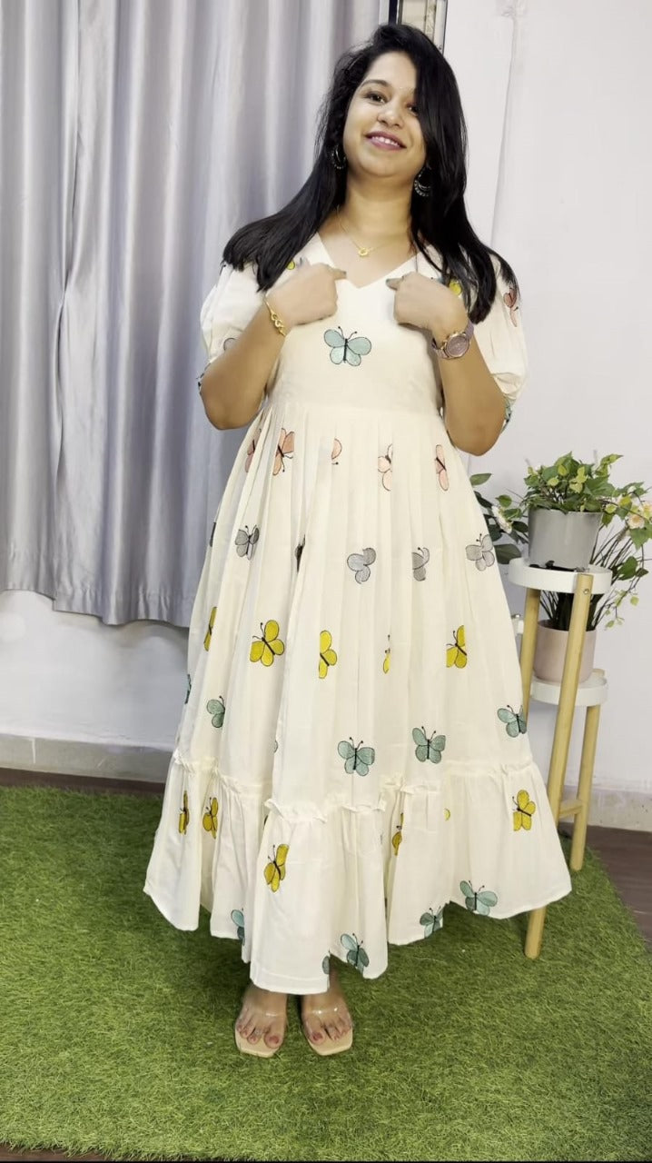 White Butterfly Embroidered Ruffle Cotton  Maxi Dress Secondary image
