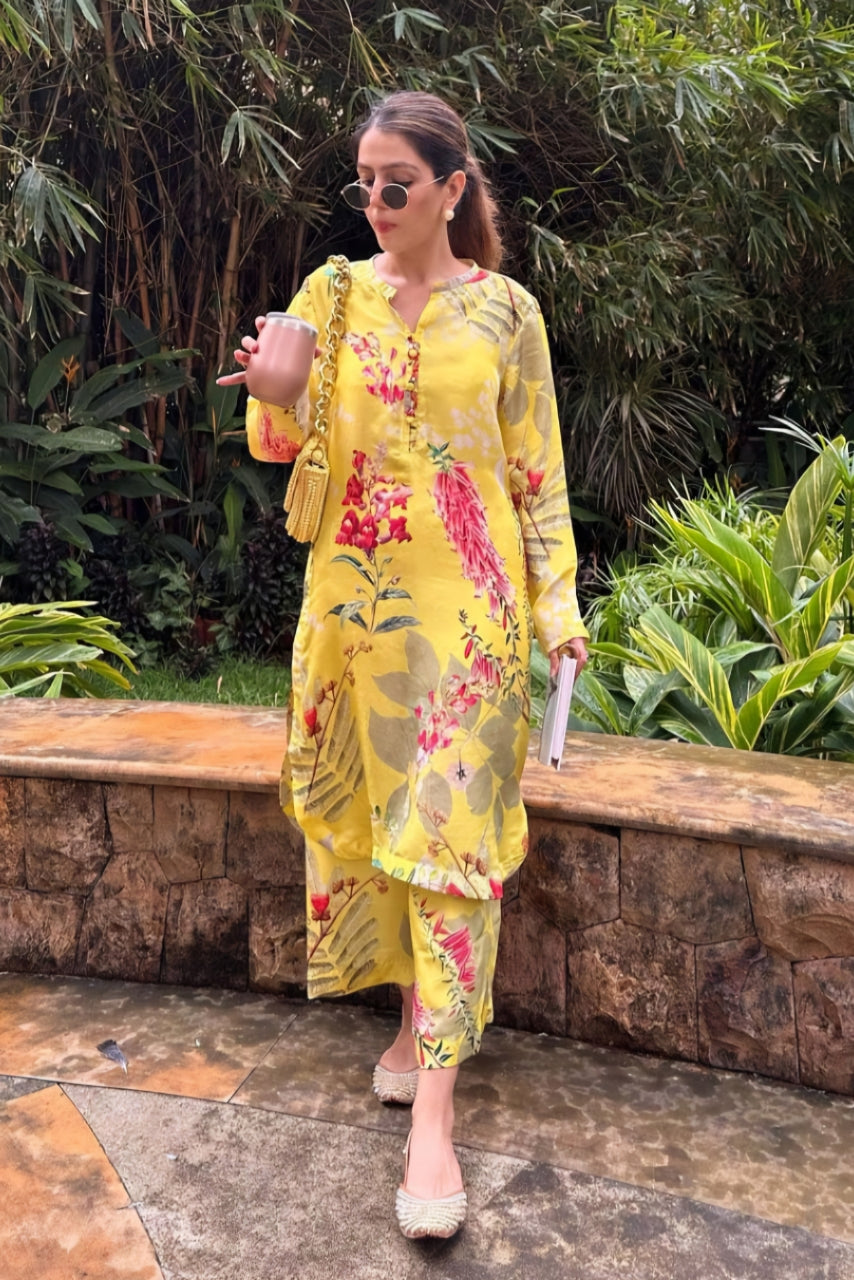 Yellow Printed Muslin Co-ord Set Secondary image