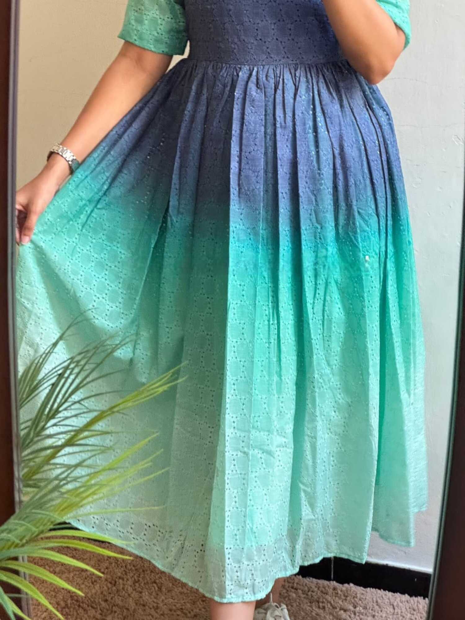 Taraash Aqua Blue & Green Ombre Schiffli Embroidered Cotton Dress