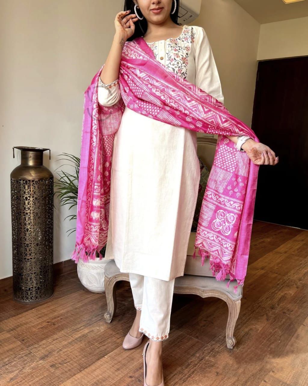 Ivory Floral Embroidered Cotton Suit