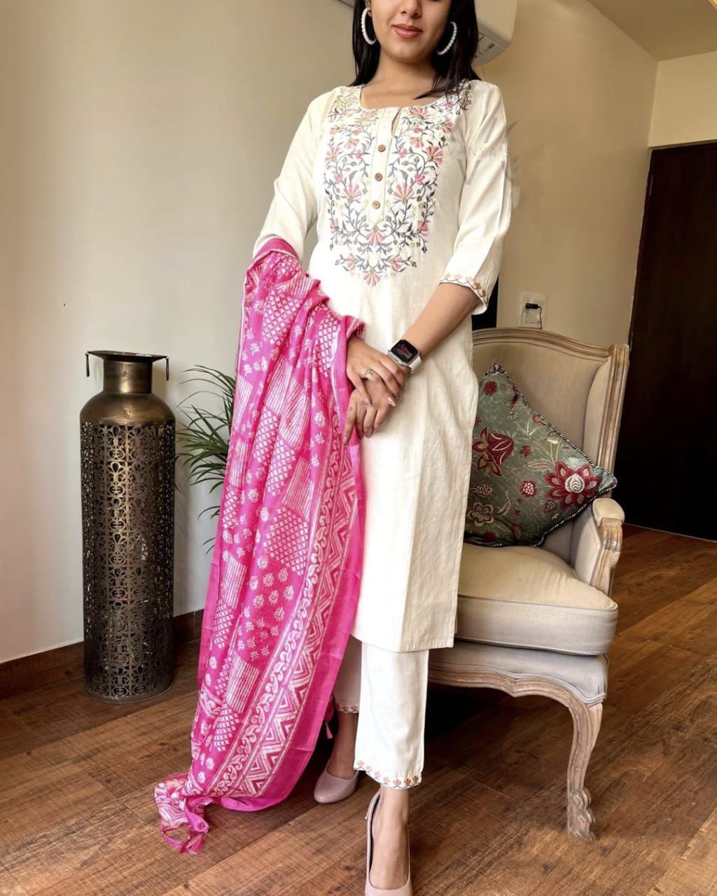 Ivory Floral Embroidered Cotton Suit