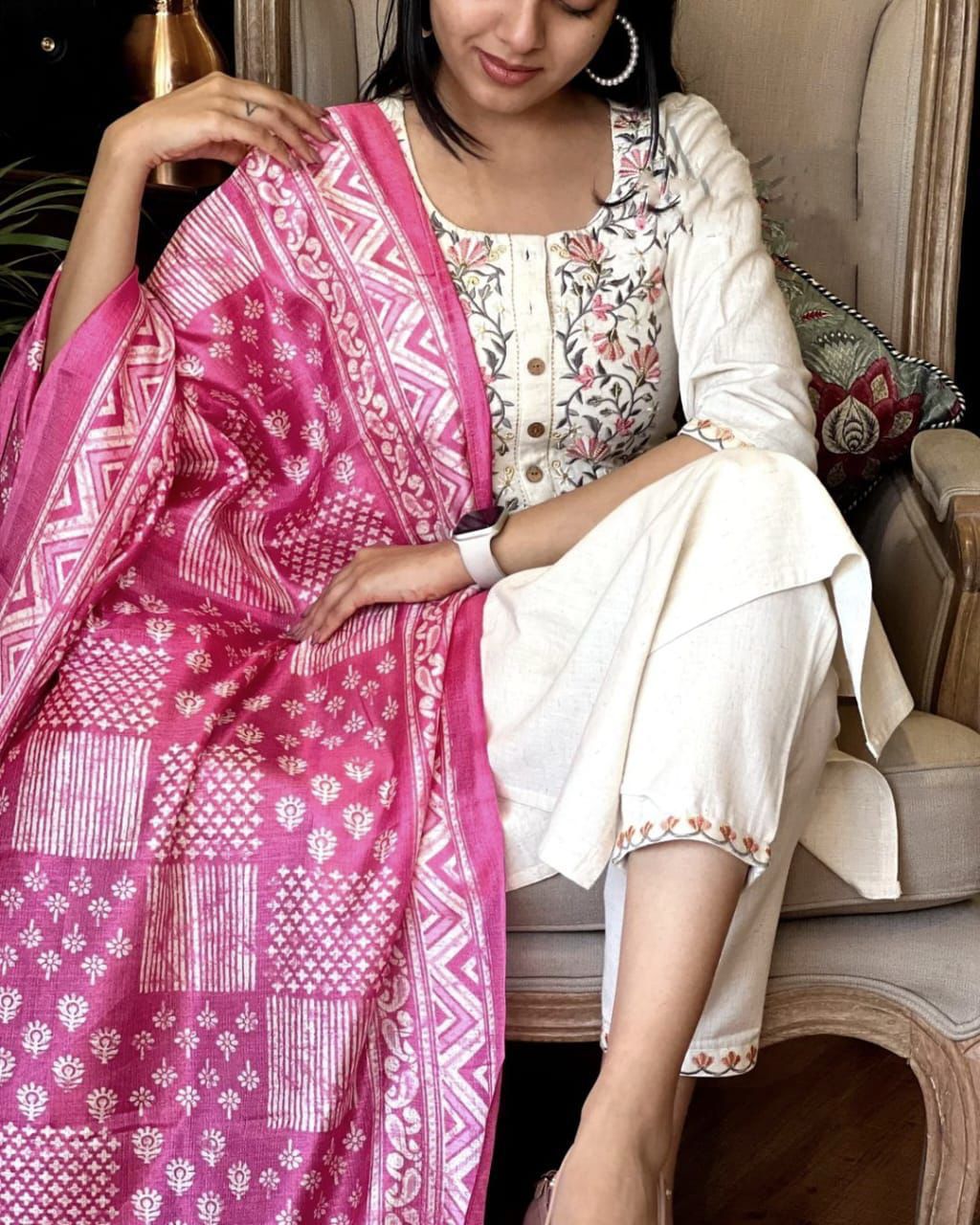Ivory Floral Embroidered Cotton Suit