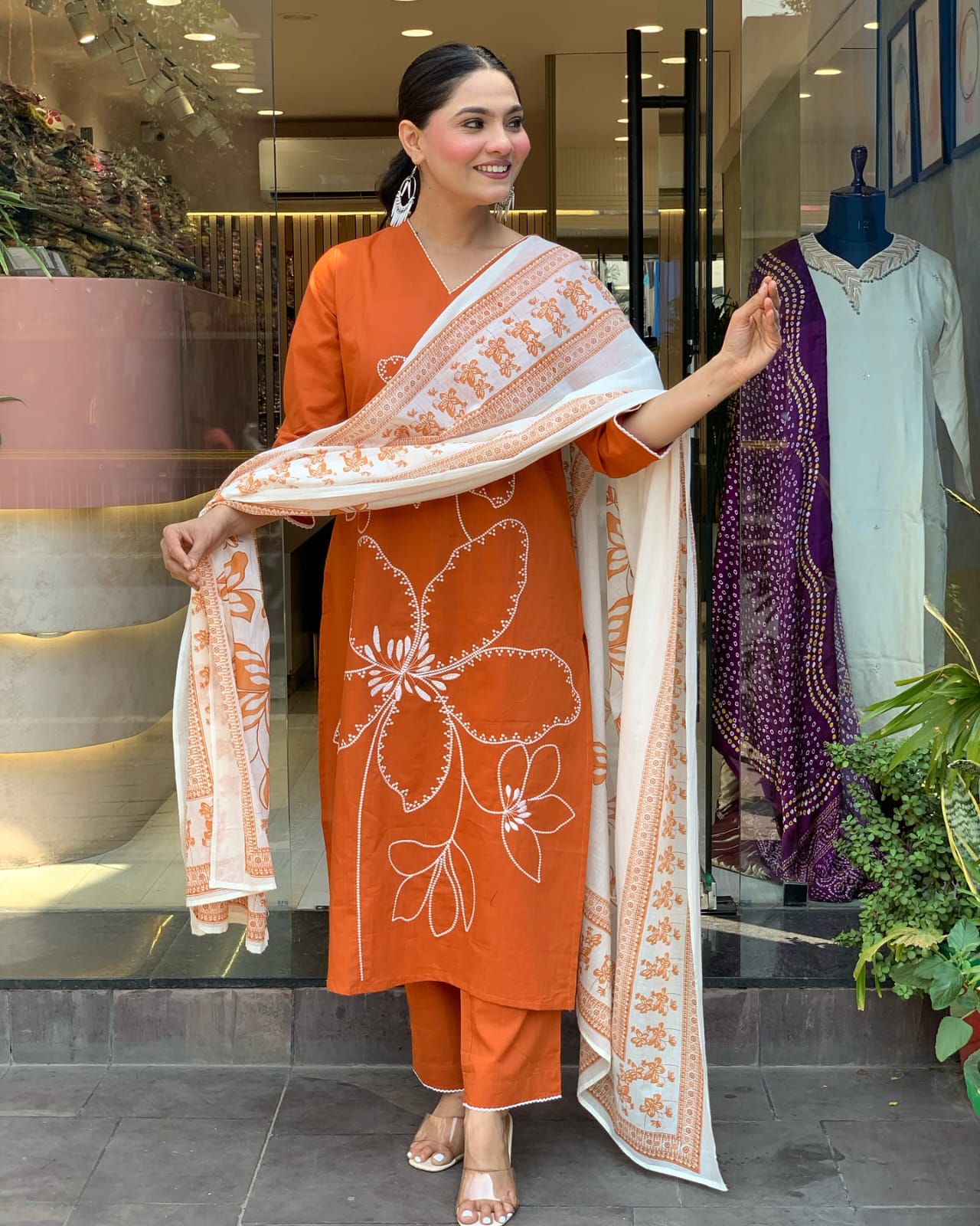 ORANGE FLORAL PRINTED COTTON SUIT SET