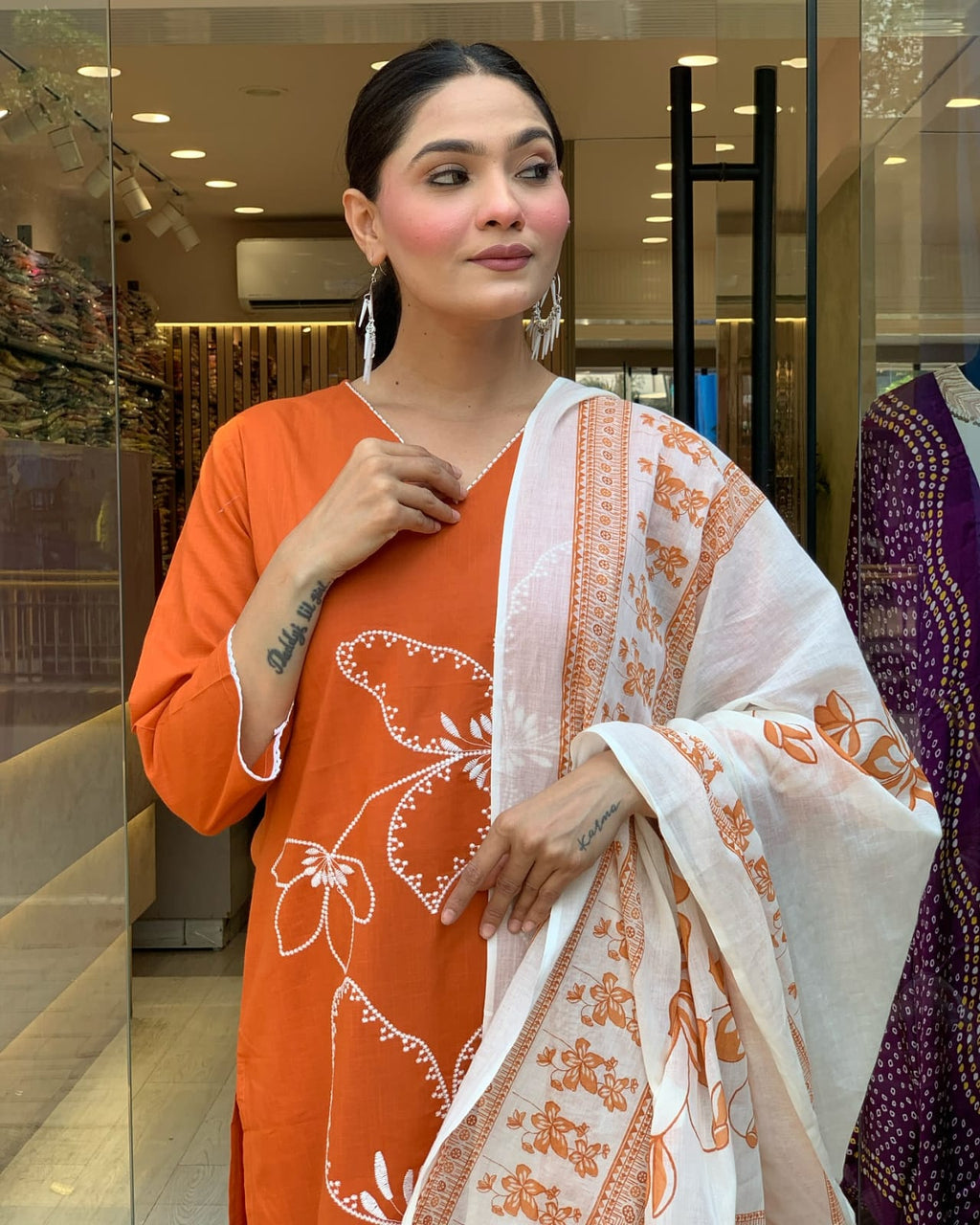 ORANGE FLORAL PRINTED COTTON SUIT SET