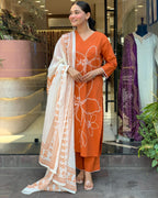 ORANGE FLORAL PRINTED COTTON SUIT SET