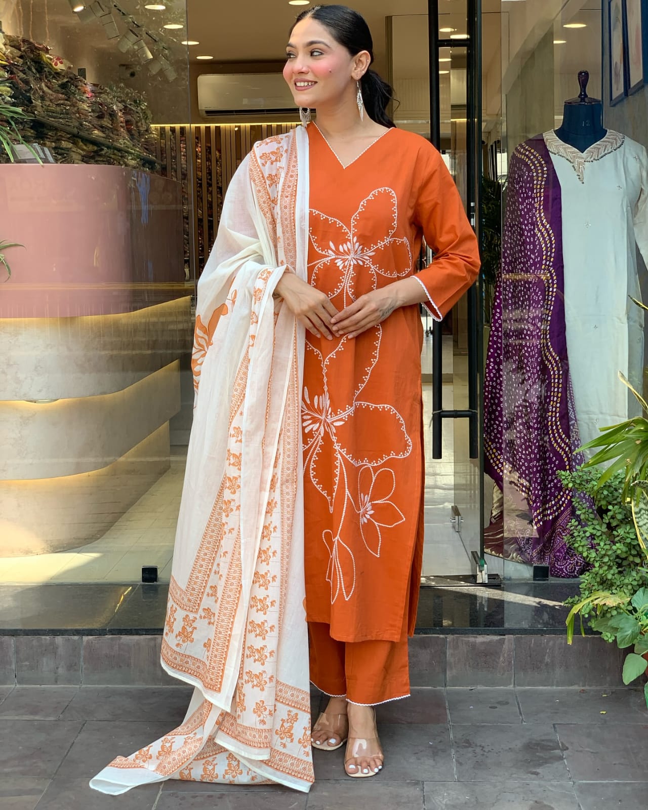 ORANGE FLORAL PRINTED COTTON SUIT SET
