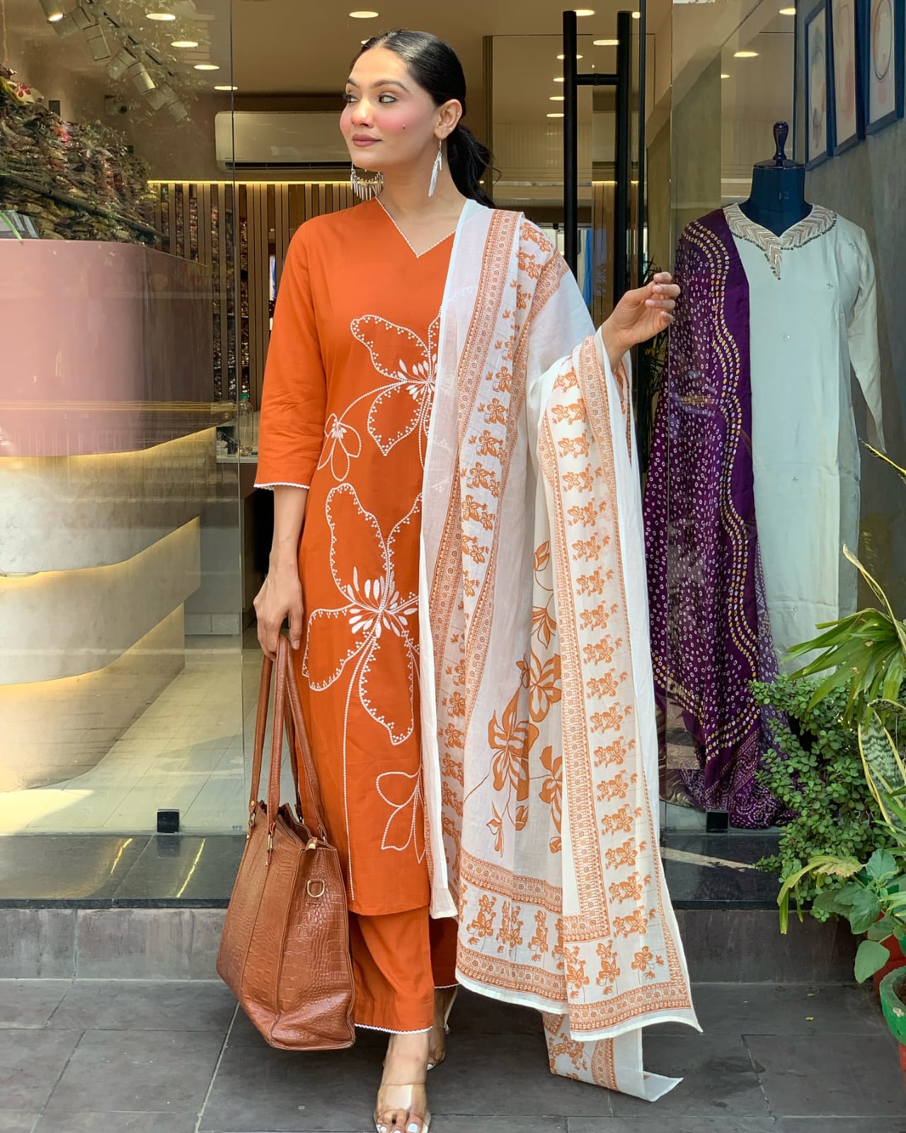 ORANGE FLORAL PRINTED COTTON SUIT SET Main image