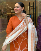 ORANGE FLORAL PRINTED COTTON SUIT SET