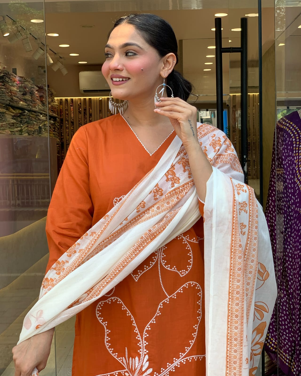 ORANGE FLORAL PRINTED COTTON SUIT SET