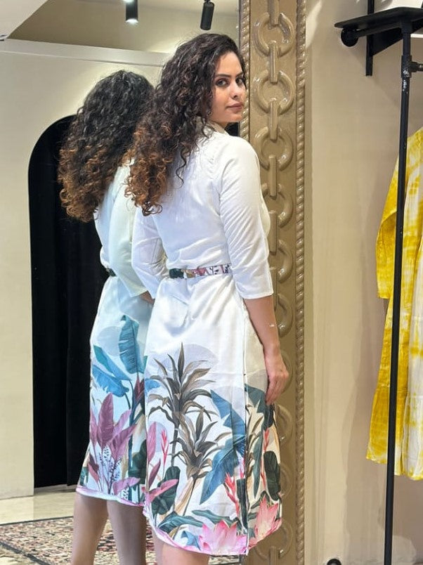 WHITE PALM TREE COTTON SHIRT DRESS