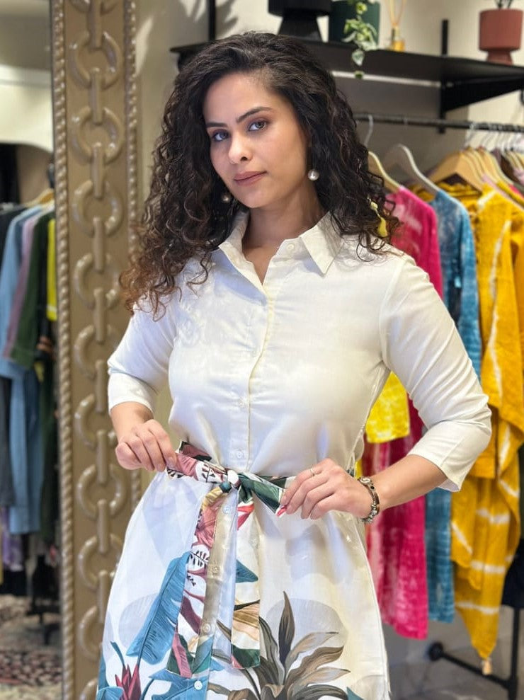 WHITE PALM TREE COTTON SHIRT DRESS