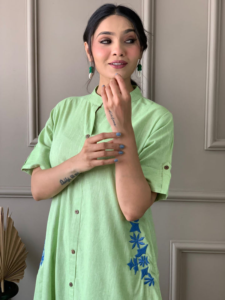 GREEN SOUTH COTTON EMBROIDERED KURTA SET