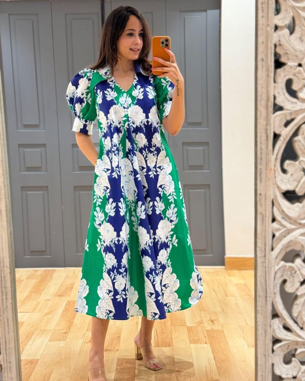 GREEN AND BLUE FLORAL PRINTED COTTON DRESS Main image