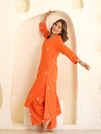 ORANGE FLORAL EMBROIDERED COTTON KURTA SET
