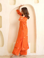 ORANGE FLORAL EMBROIDERED COTTON KURTA SET